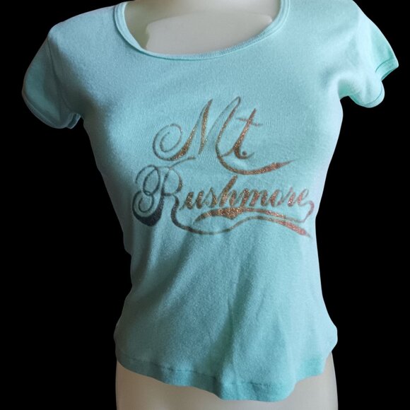 Vintage Wome's T-shirt Small Single Stitch Mt. Rushmore Glitter Aqua 1970's USA - Picture 2 of 7